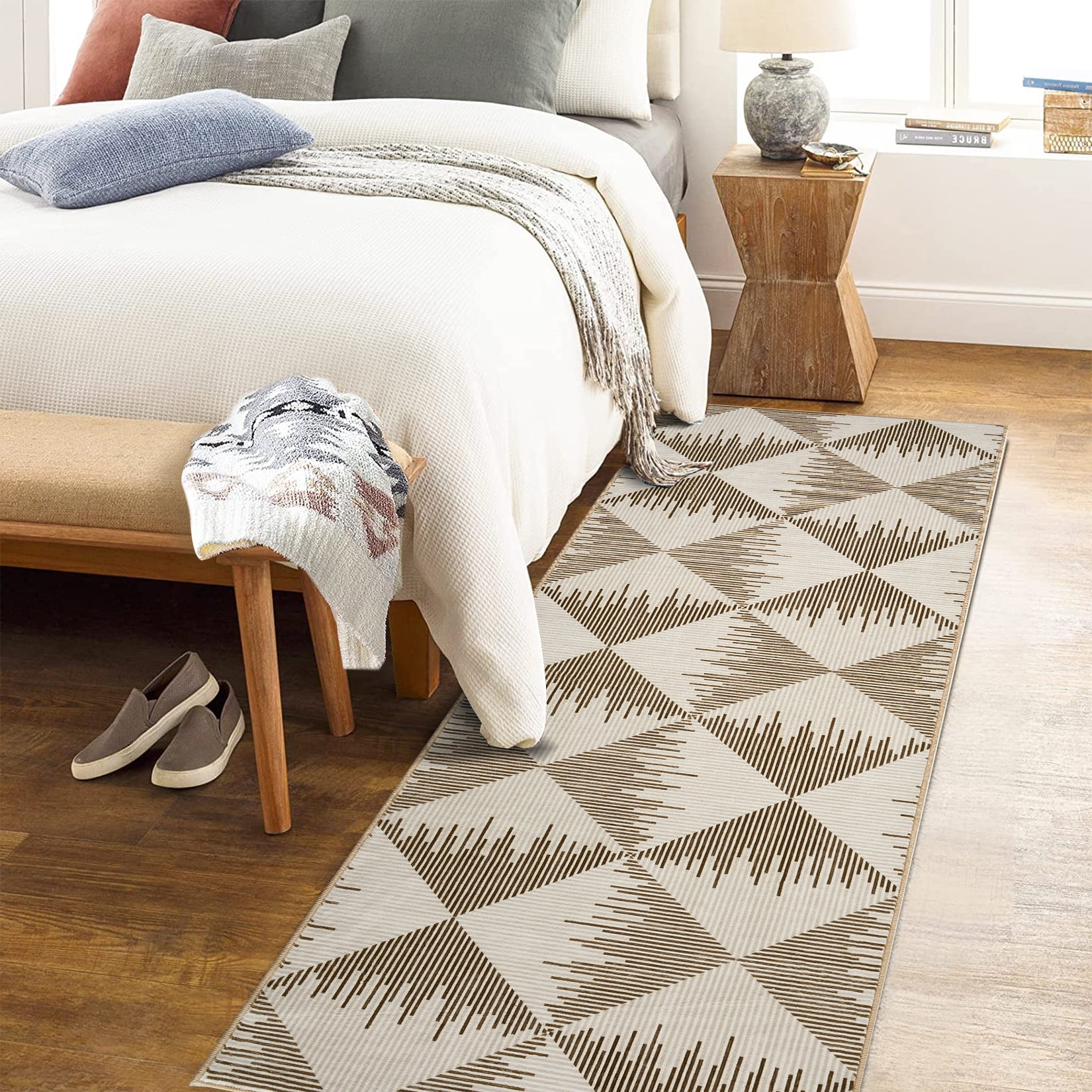 2x6 Washable Runner Rug for Living Room Non Slip Low Pile Modern Geometric Farmhouse Carpets for Bedroom Hallway Entryway Beige