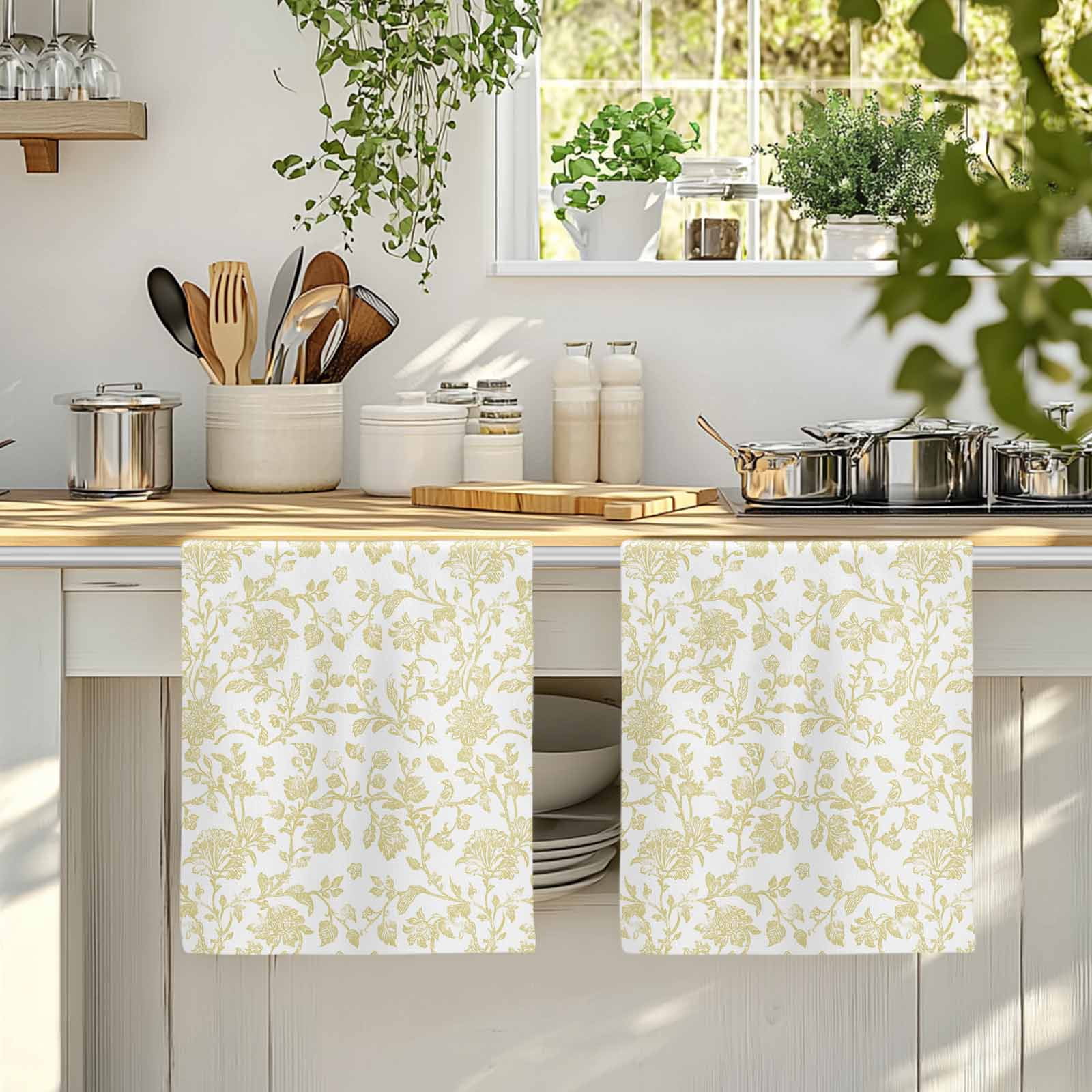 Dish Towels, Yellow Pastoral Flower Absorbent Kitchen Towels 2 PCS, Farmhouse Floral Microfiber Hand Towels Dish Cloths Tea Towels for Home&nbsp;Bathroom Cleaning Drying,18X28-Inch,