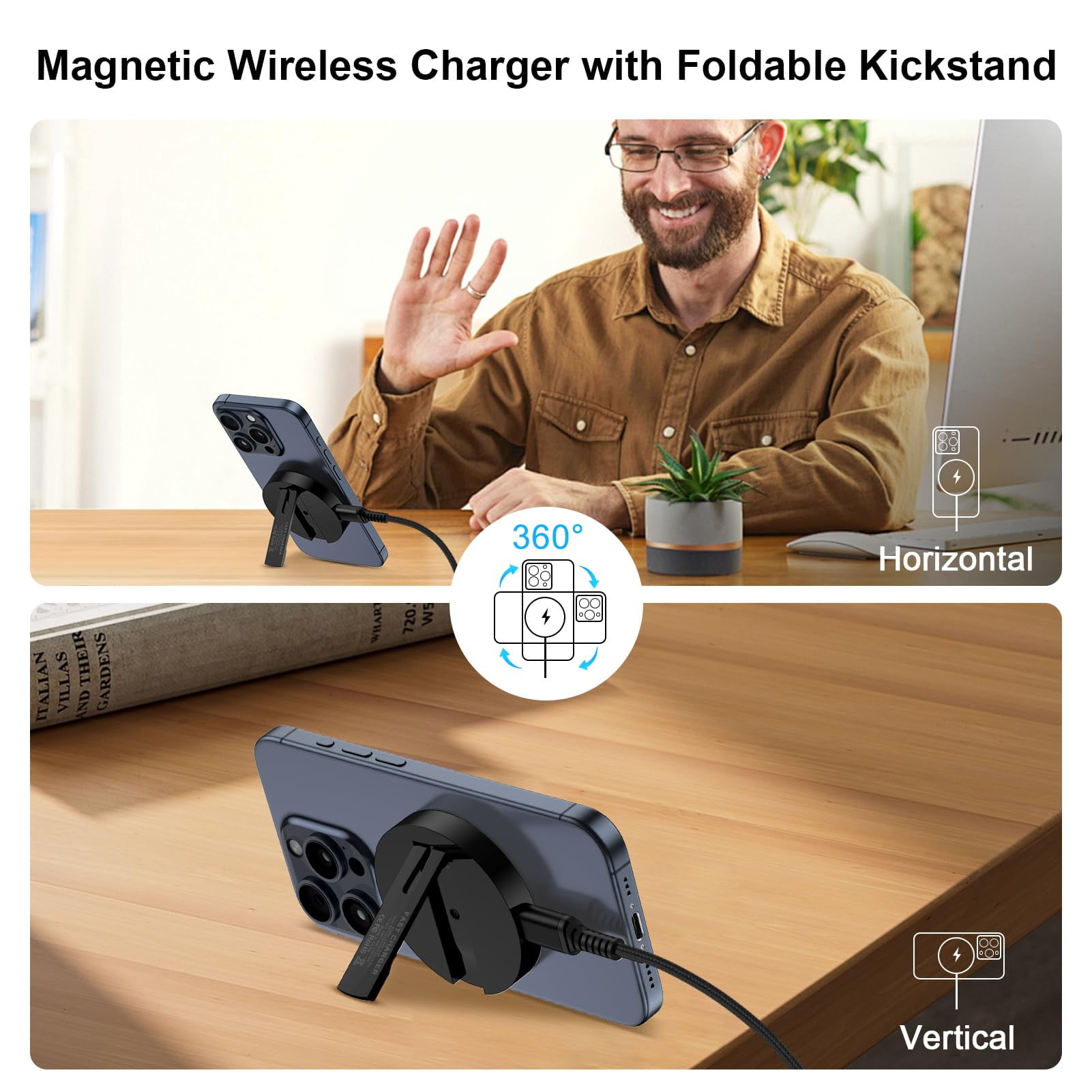 ABCPOW 2Pack Wireless Charger Stand,15W Magnetic Fast Charger Pad Mat MagSafe Wireless Charging Station Android Wireless Charger Holder Dock Compatible for iPhone 17 16 15 Samsung Galaxy S25 S24 S23