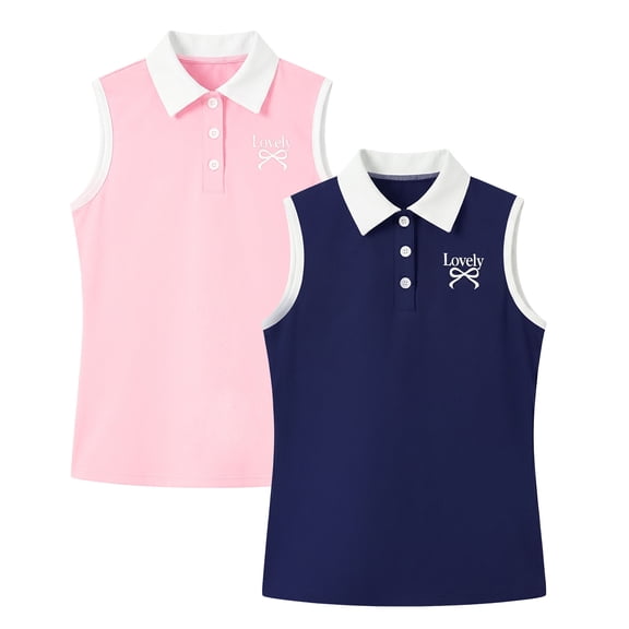 Actgleam Girls School Uniform Short Printed Sleeveless Polo Shirt,2-Pack,8-9Y