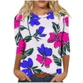 thumbnail image 3 of Économies d'Été en Liquidation! Fatuov Blouses à Imprimé Floral pour Femmes T-Shirts Graphiques Décontractés d'Été Mode Col Rond Manches 3/4 Grandes Tailles Hauts Bleus, 3 of 4