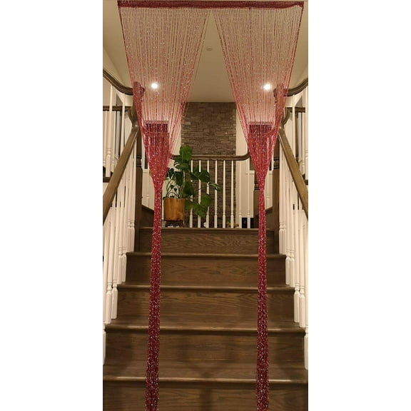 TJ Global String Curtain Room Divider Partition Door with Ribbon Thread, Tapestry, Fringe Window Panel Strip Tassel for House, Restaurant, Events, Photo Backdrop - W 39" x H 79" (1M X 2M) (Red)