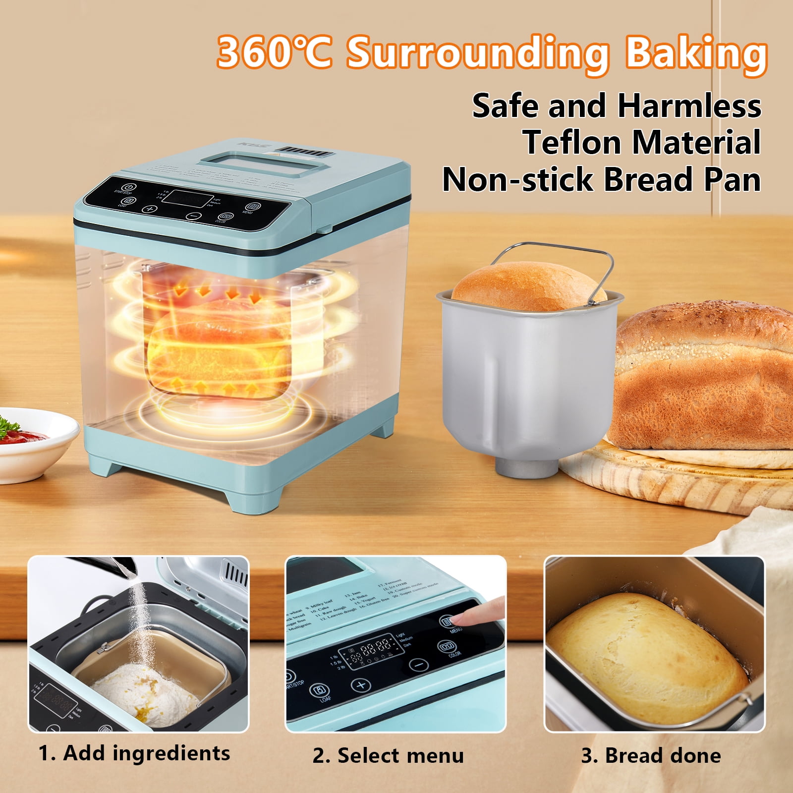 KBS  Bread Maker Machine with Ice cream program,20-in-1 2LB Fully automatic bread machine，DIY setting,15 Hour delay timer,Green Model#070 Ice cream version