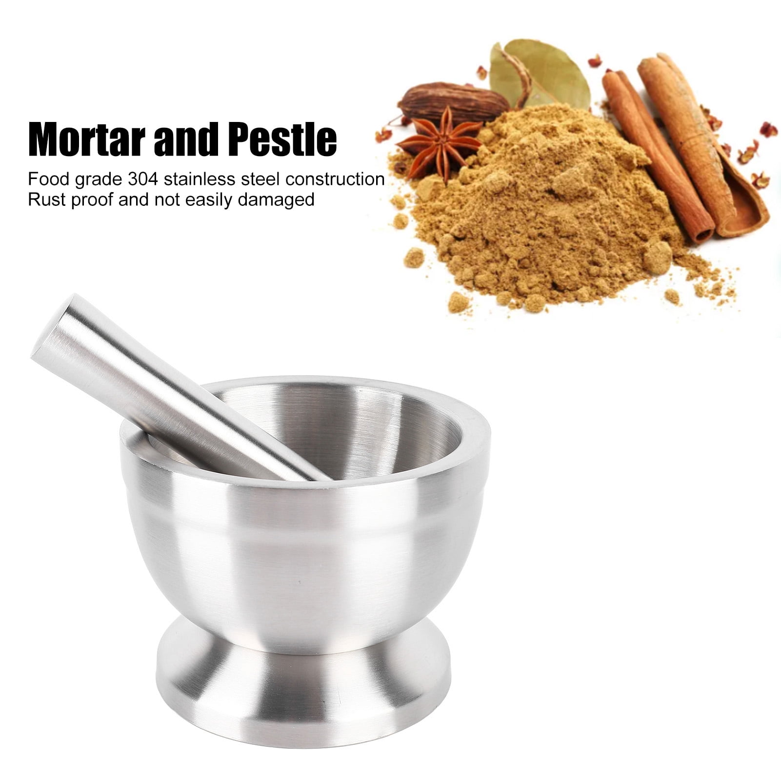 Rupoun 18/8 Stainless Steel Mortar and Pestle Set with Silicone Lid, Skid Resistance Base Food Grade Garlic Herb Spice Crusher for Nuts, Large, Silver (5.9 inches / 15.0 cm)