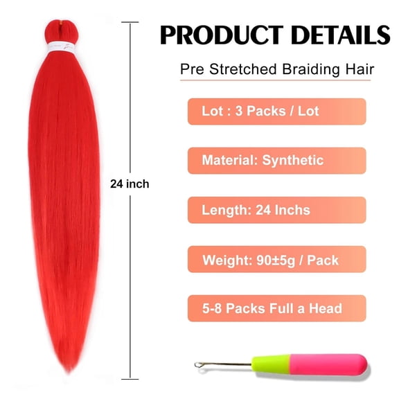 WEIF-Braiding Hair Pre Stretched 24 Inch 3 Packs, Red Pre stretched Braiding Hair for Professional Braiding Hair Extensions, Hot Water Setting Yaki Texture Synthetic Hair