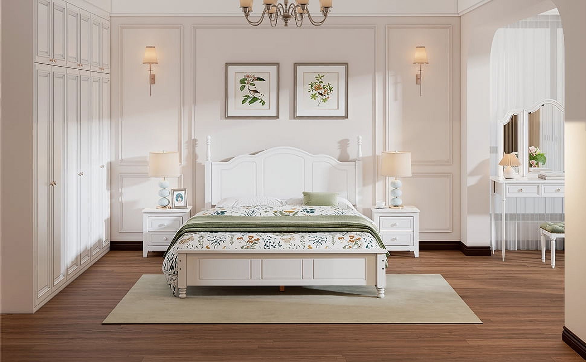 Euroco 3-Piece Natural Wood Queen Bedroom Set, White, Solid