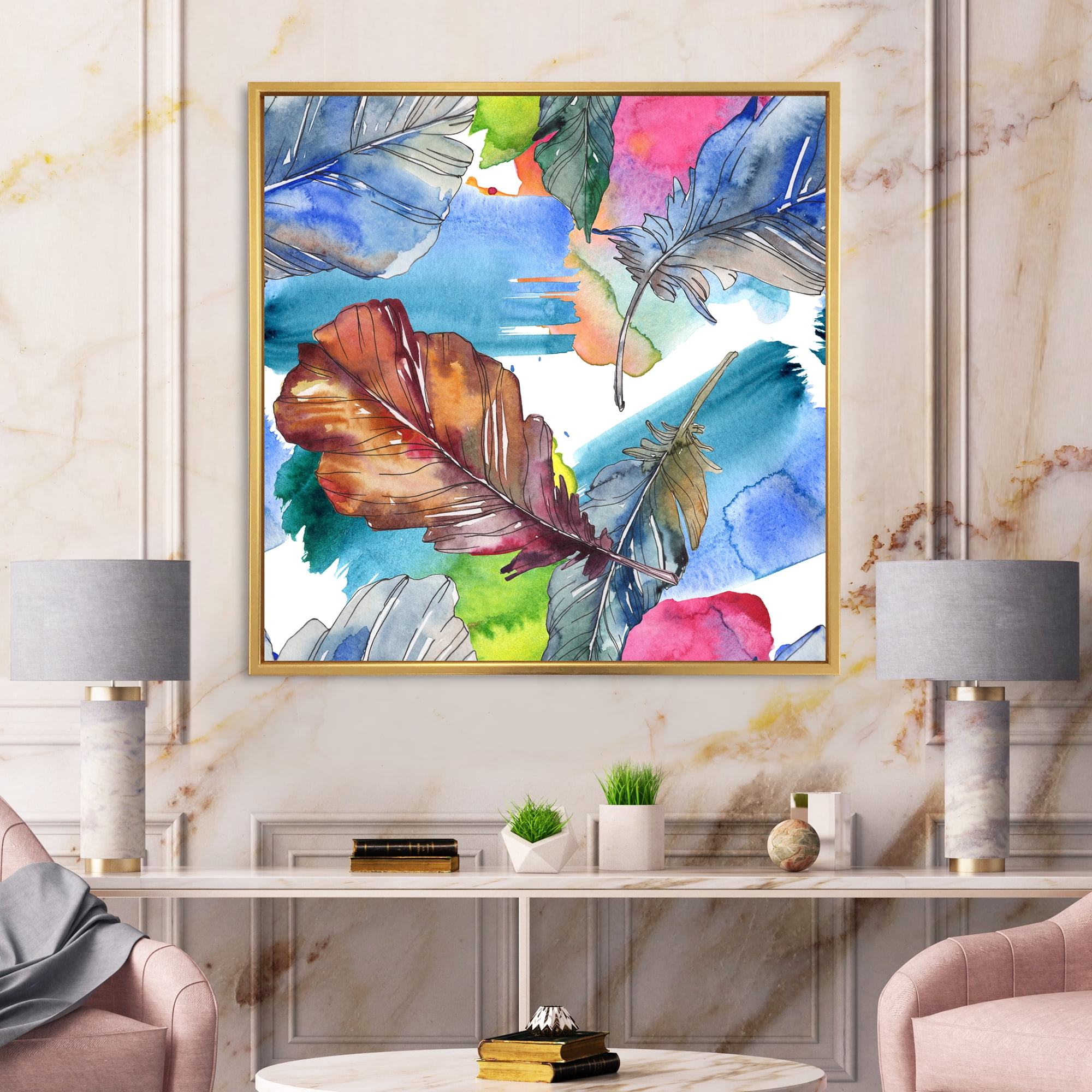 Bird Feather In Pink and Blue 30 in x 30 in Framed Painting Canvas Art Print, by Designart