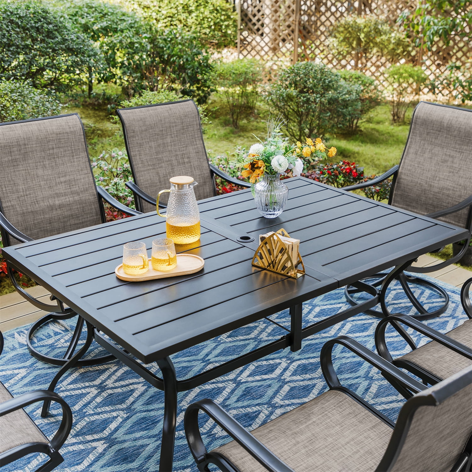 MF Studio 7 Pieces Outdoor Patio Dining Set Metal Patio Furniture Set with Large Rectangular Table and Swivel Textilene Chairs for 6 person Gray Walmart