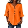 thumbnail image 2 of Only Moment Lightweight Soft Casual Shirts for Women 3/4 Sleeve V Neck Ruffle Sleeves Cotton and Linen Casual Loose Long Sleeve Solid Lapel Long Blouses Tops with Pockets Orange,S, 2 of 9