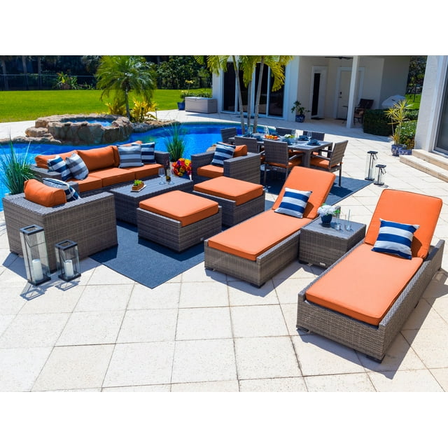 Sorrento 16-Piece Resin Wicker Outdoor Patio Furniture Combination Set in Gray w/ Sofa Set, Six-seat Dining Set, and Chaise Lounge Set (Flat-Weave Gray Wicker, Sunbrella Canvas Tuscan)