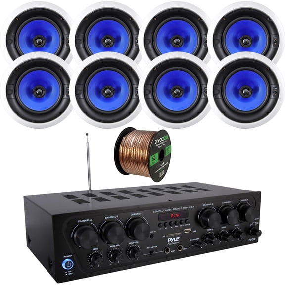 Pyle 6-Channel 750W Bluetooth USB AUX FM Stereo Amplifier Receiver Home Audio System Bundle Combo with 8x 8" 300W 2-Way Full Range In-Ceiling Stereo Speakers, 16 Gauge 50 Feet Speaker Wire
