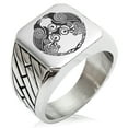 thumbnail image 1 of Stainless Steel Yggdrasil Huginn & Muninn Odin's Ravens Geometric Pattern Biker Style Polished Ring, 1 of 1