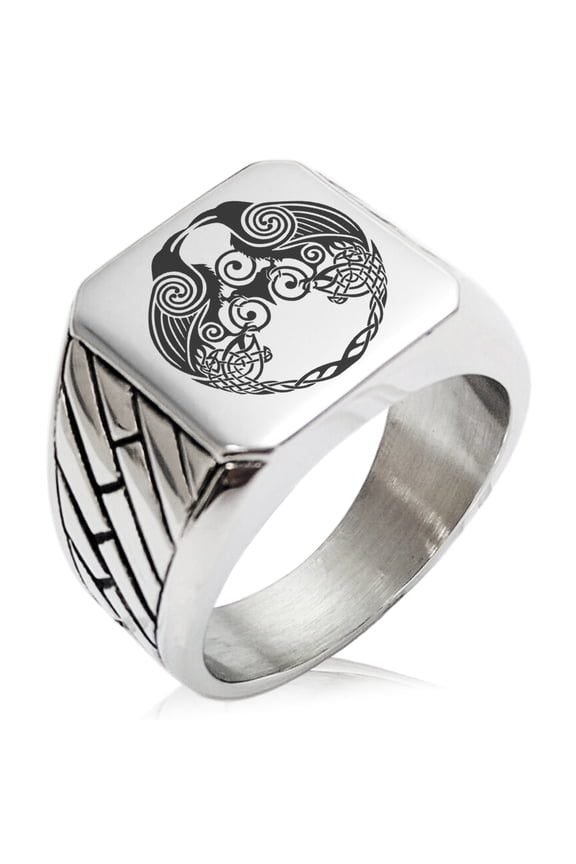 Stainless Steel Yggdrasil Huginn & Muninn Odin's Ravens Geometric Pattern Biker Style Polished Ring