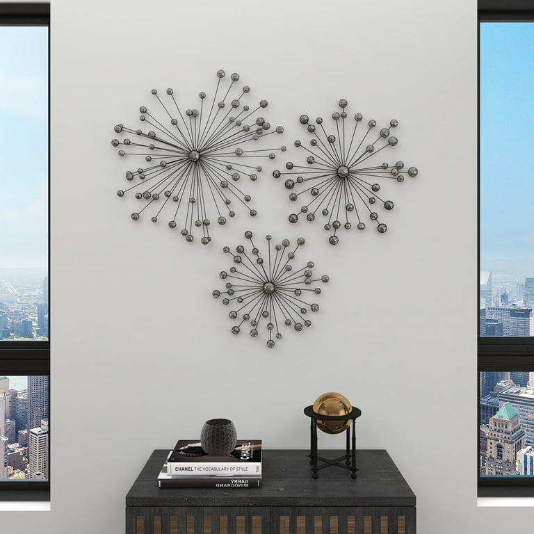 DecMode Black Glam Metal Starburst Design with Round Acrylic Jewel Accent Wall  Décor, Set of 3 16, 20, 24 H 