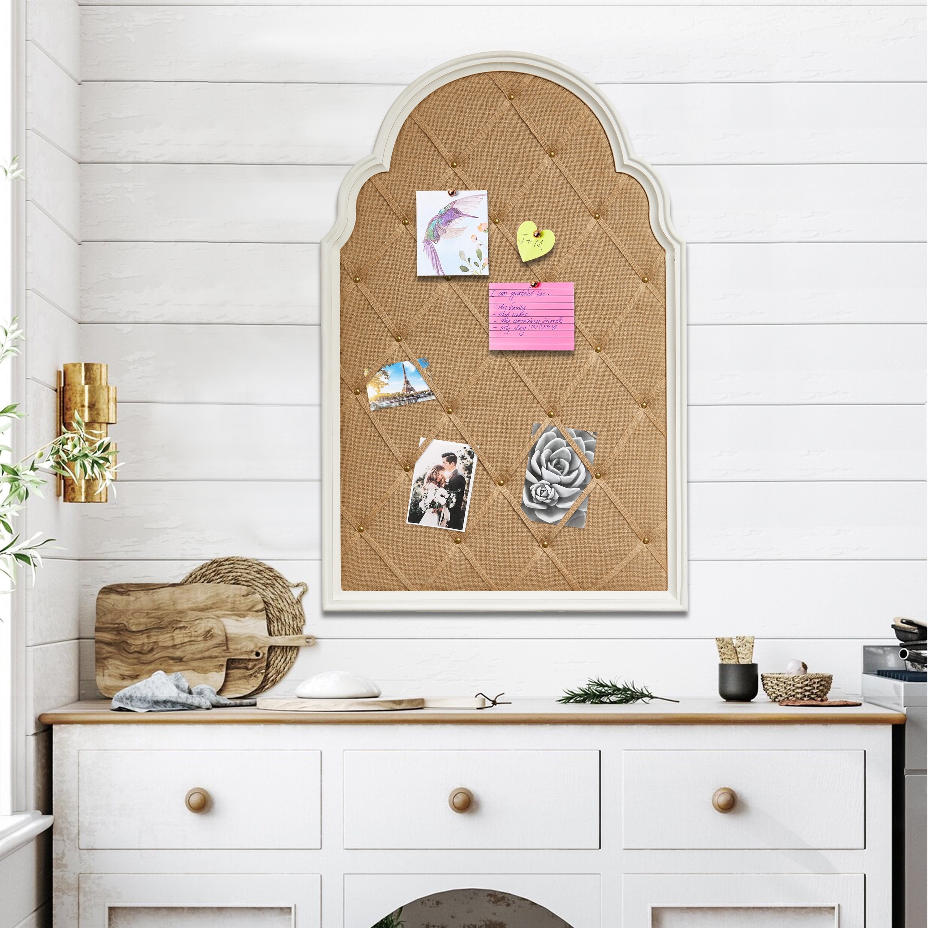 SOFE Farmhouse White Wood Frame Bulletin Board, 36" x 24", Linen Memo Board for Wall, Decorative Office Décor