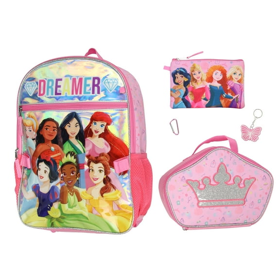 Disney Princess Cinderella Belle Rapunzel Dreamer 5 Pc Backpack Lunch Box Set 16"