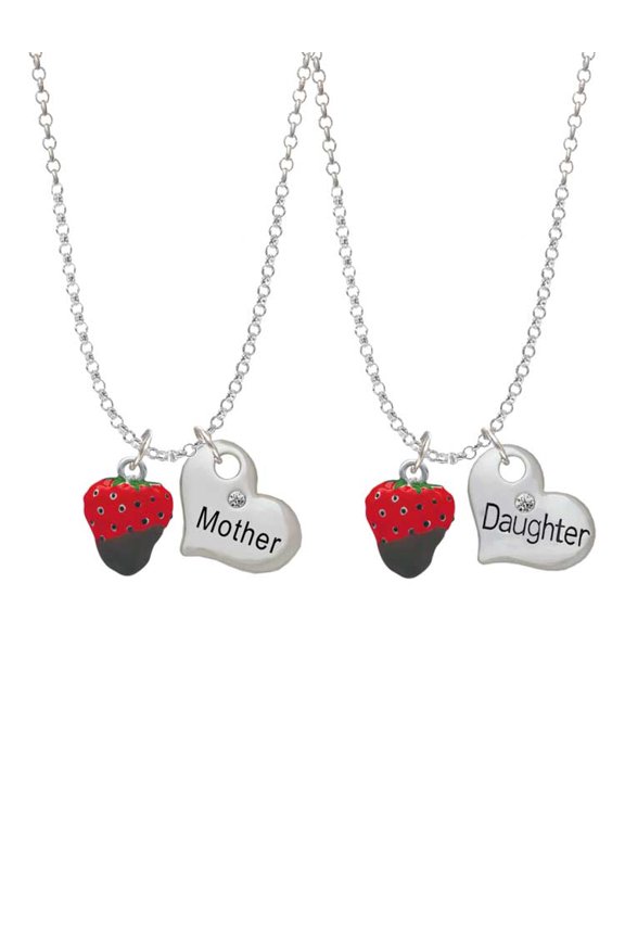 Silvertone 3-D Chocolate Dipped Strawberry Mother & Daughter Heart Necklaces (Set of 2), 19"+2"