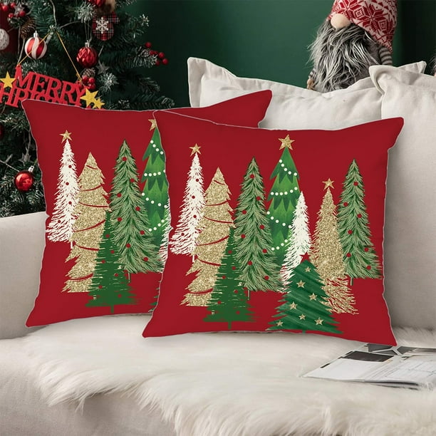 KITTEHIGM Christmas Pillow Covers 18x18 Set of 2 Christmas Tree Decorative Red Throw Pillows with Invisible Zipper Comfortable Touchs Machine Wash