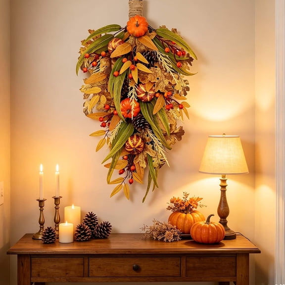 Fall Pumpkin Teardrop Hanging Swag Front for Door, 27.56in Thanksgiving Farmhouse Decor