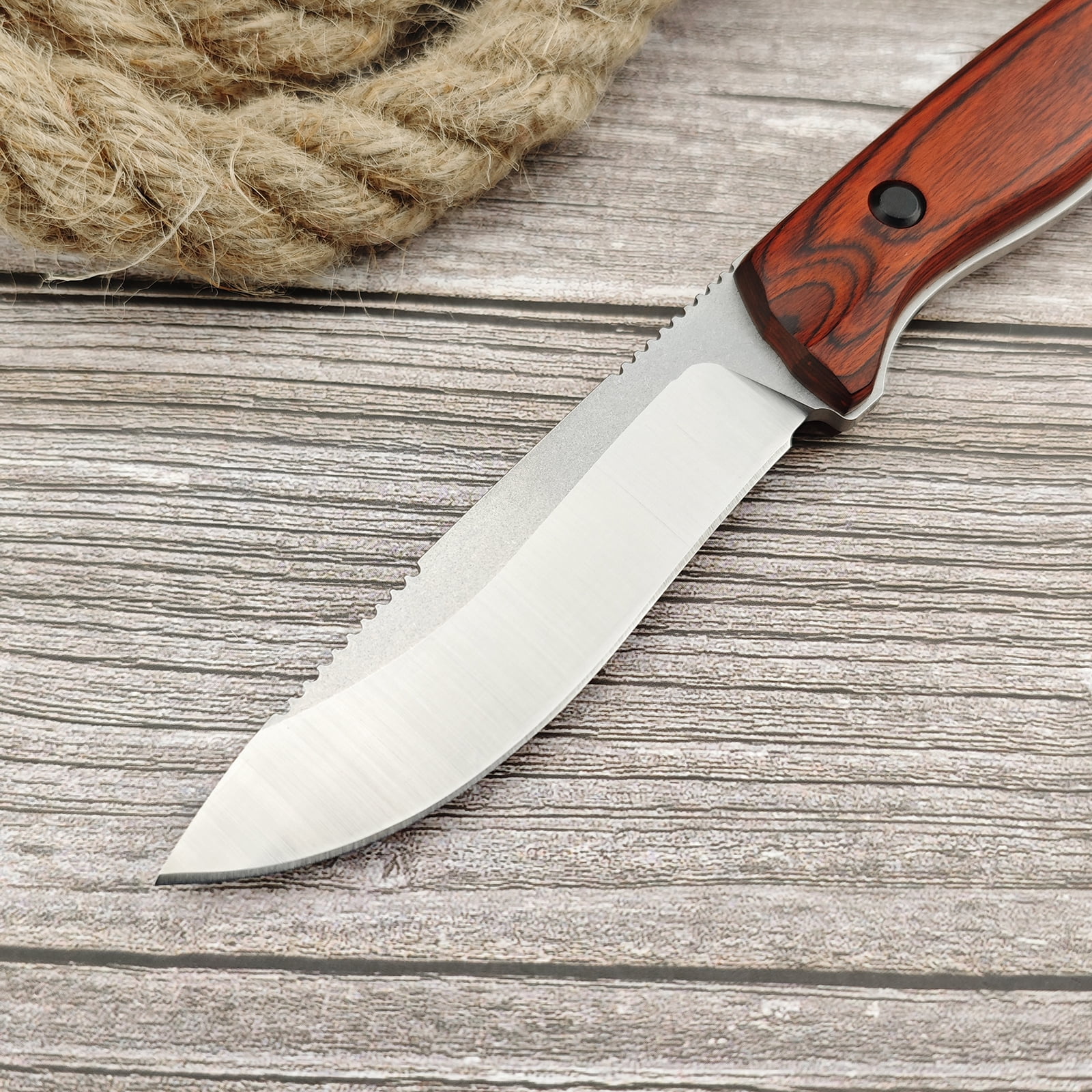 Fixed Blade Knife, Full Tang, Drop Point 440C Blade, Stabilised Wood Handle, Bushcraft Knife with Sheath for Camping, Outdoors