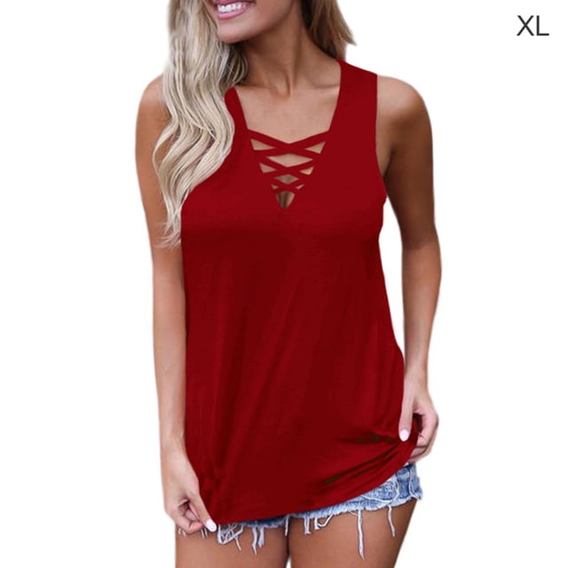 Camiseta sin mangas con cuello en V Chaleco con cordones Camiseta sin mangas de color sólido para mujer, rojo vino, XL Kearding AP001796-24