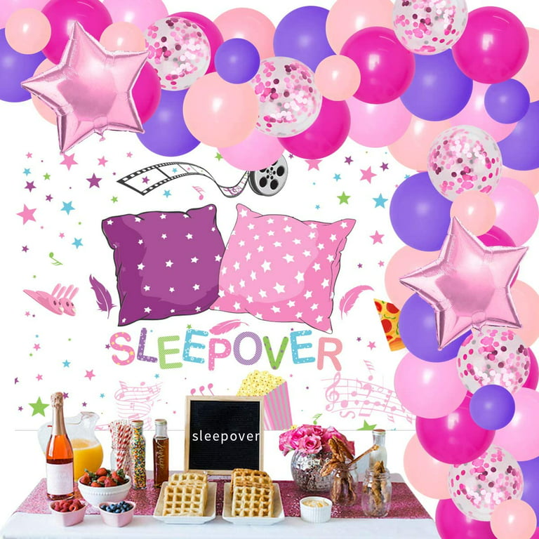 Sleepover Party Decorations for Girls Women Teens Adults, Hot Pink Balloon  Garland Kit, Sleepover Backdrop Star Foil Balloons for Pajama Slumber