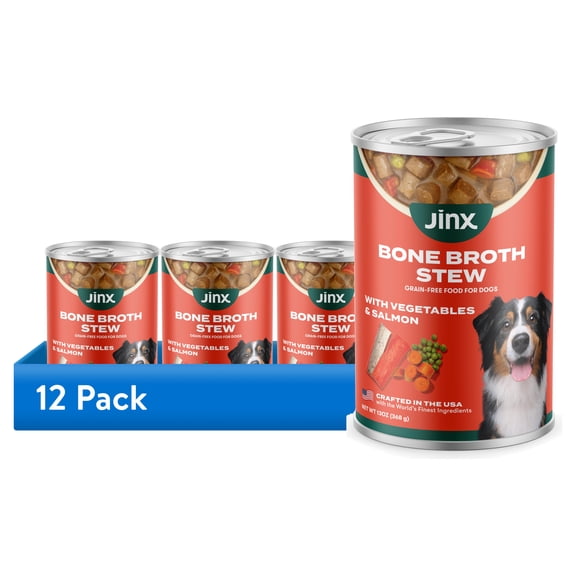 (12 pack) Jinx Bone Broth Stew Grain-Free Salmon & Vegetables Wet Dog Food, 13 oz Can