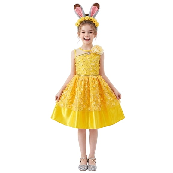 Yellow Fairy Bunny Princess Dress with Animal Ear Headband for Festive Parties, Halloween Cosplay and Stage Dance Outfits