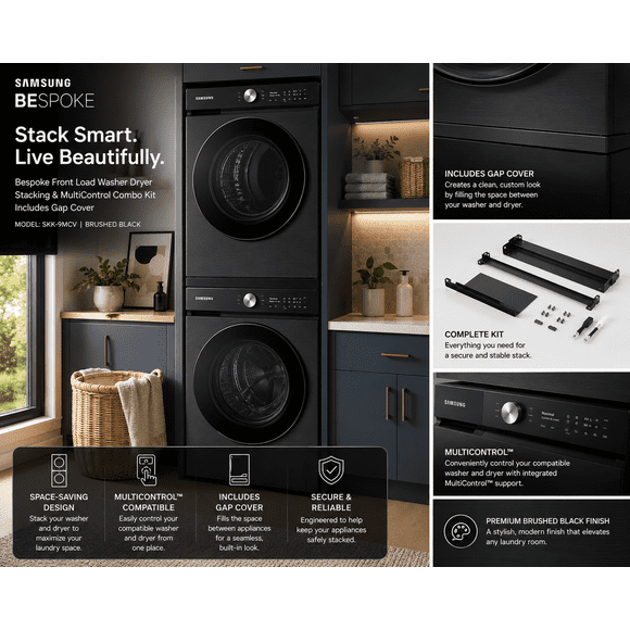 SAMSUNG Bespoke Front Load Washer Dryer Stacking and MultiControl Combo Kit, Includes Gap Cover to Fill Space Between Laundry Machines, Complete, SKK-9MCV, Brushed Black