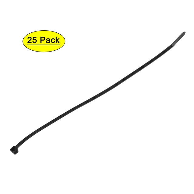 Unique Bargains Nylon Cable Ties 16-Inch Self-Locking Zip Ties, 0.2-Inch Width, Black, 25pcs. A single black nylon zip tie with a smooth surface and self-locking mechanism, ideal for securing wires, cables, hoses, or DIY projects. Pack size indicated as 25, suitable for hardware and fastener applications.
