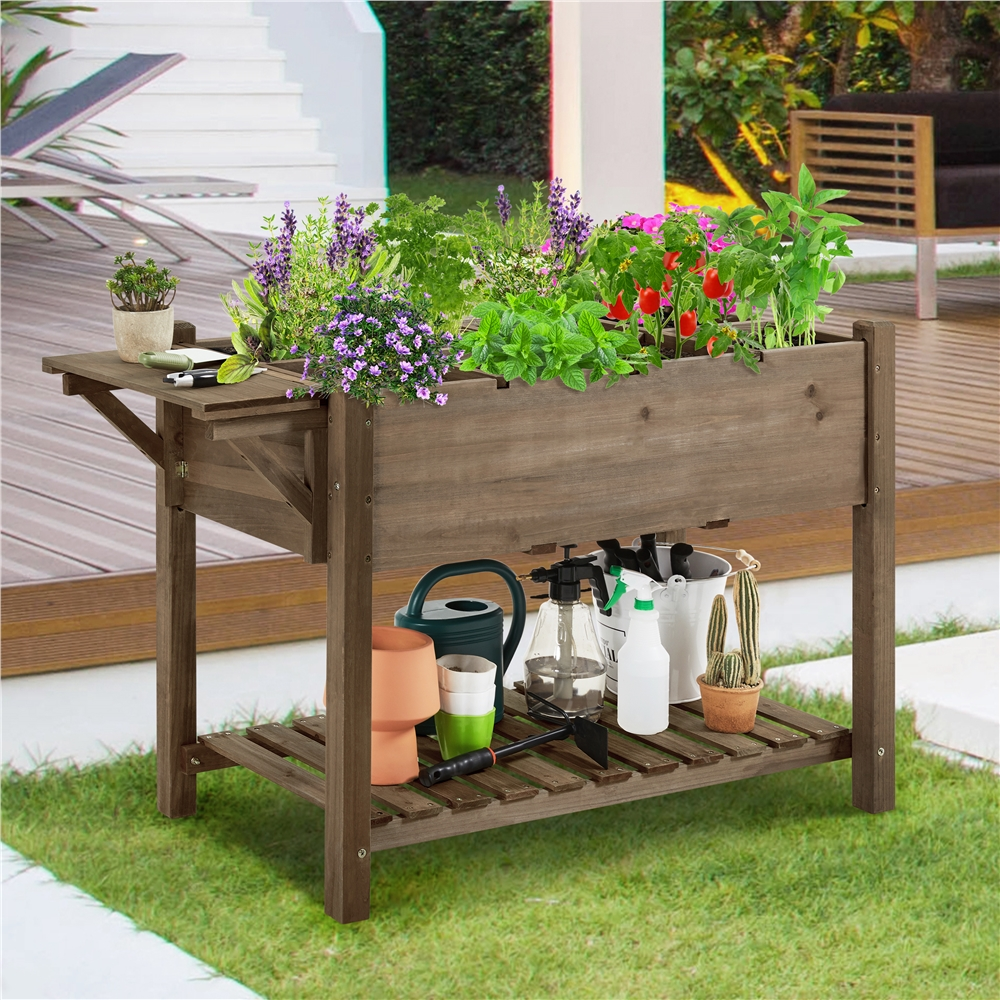 Renwick Solid Wood Elevated Planter Box with Removable Grow Grids, Dark Brown
