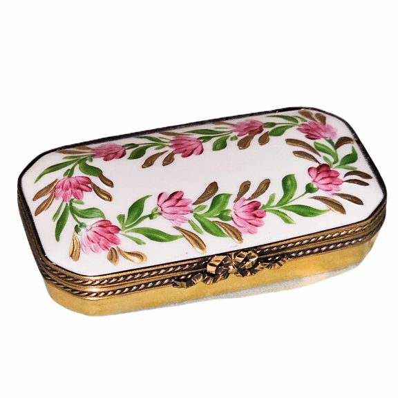Pink Flowers Rectangle Flat Limoges Box | Limoges Boutique Limoges Box Porcelain Figurine