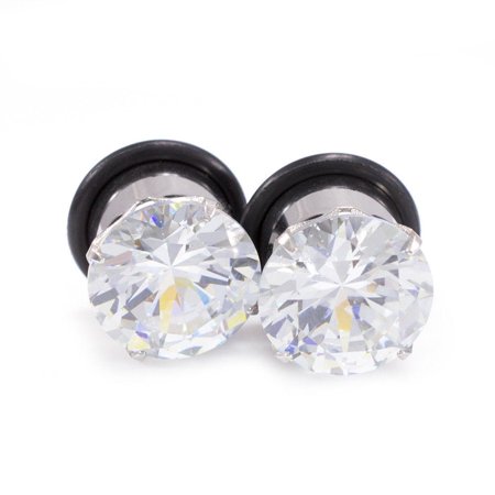 - Ear Plugs Gauges With Clear CZ O Ring Surgical Steel High Polish Set Of 2