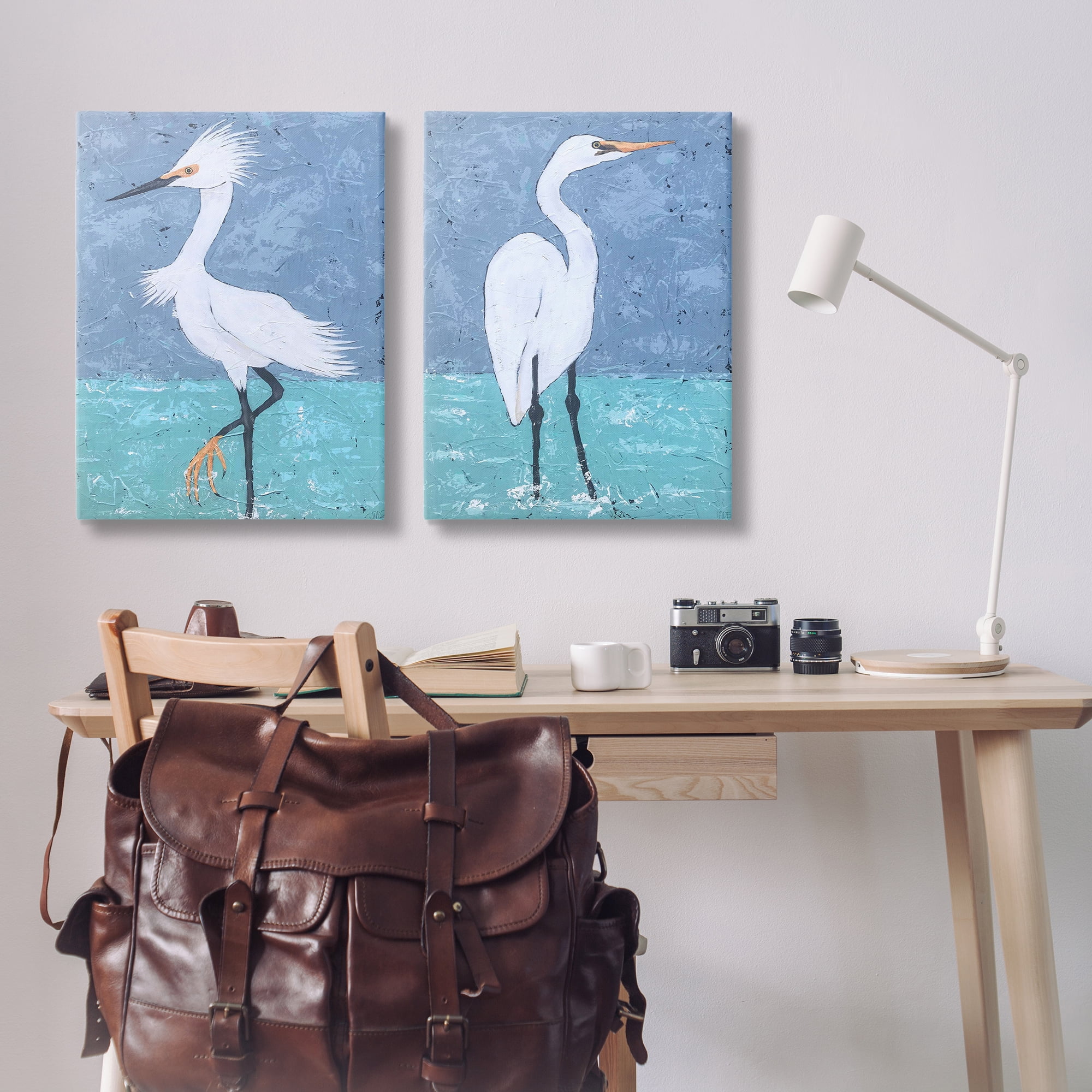 Stupell Industries Snowy Egret Pond Animals Painting Wrapped Canvas Art Print Wall Art, 24 x 36, Set of 2