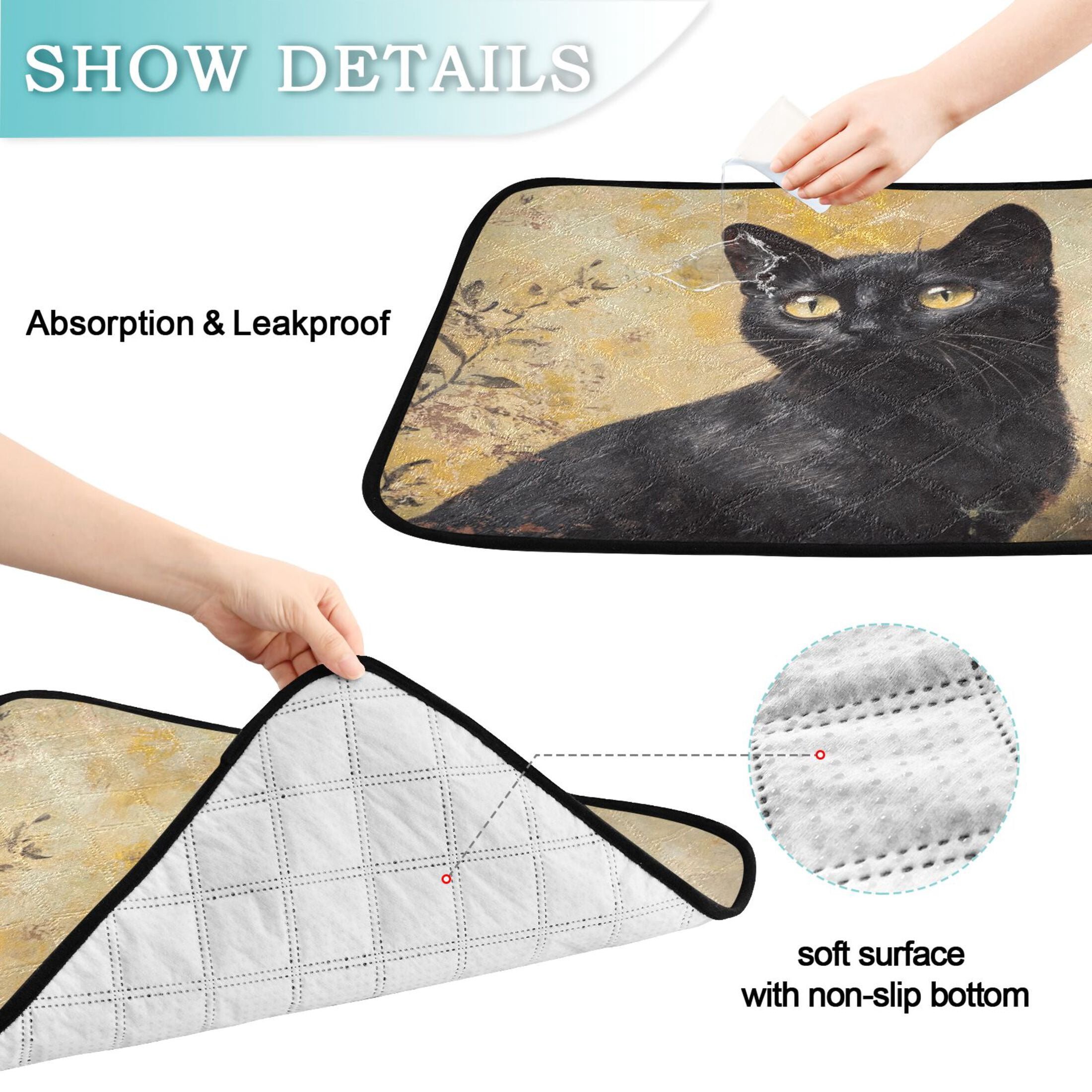 Qxltty Black Cat with Oil Painting Style Cat litter Pads Pet Set of 3 Diaper Mats Center Anti-leakage Layer Absorbent Soft and Comfortable