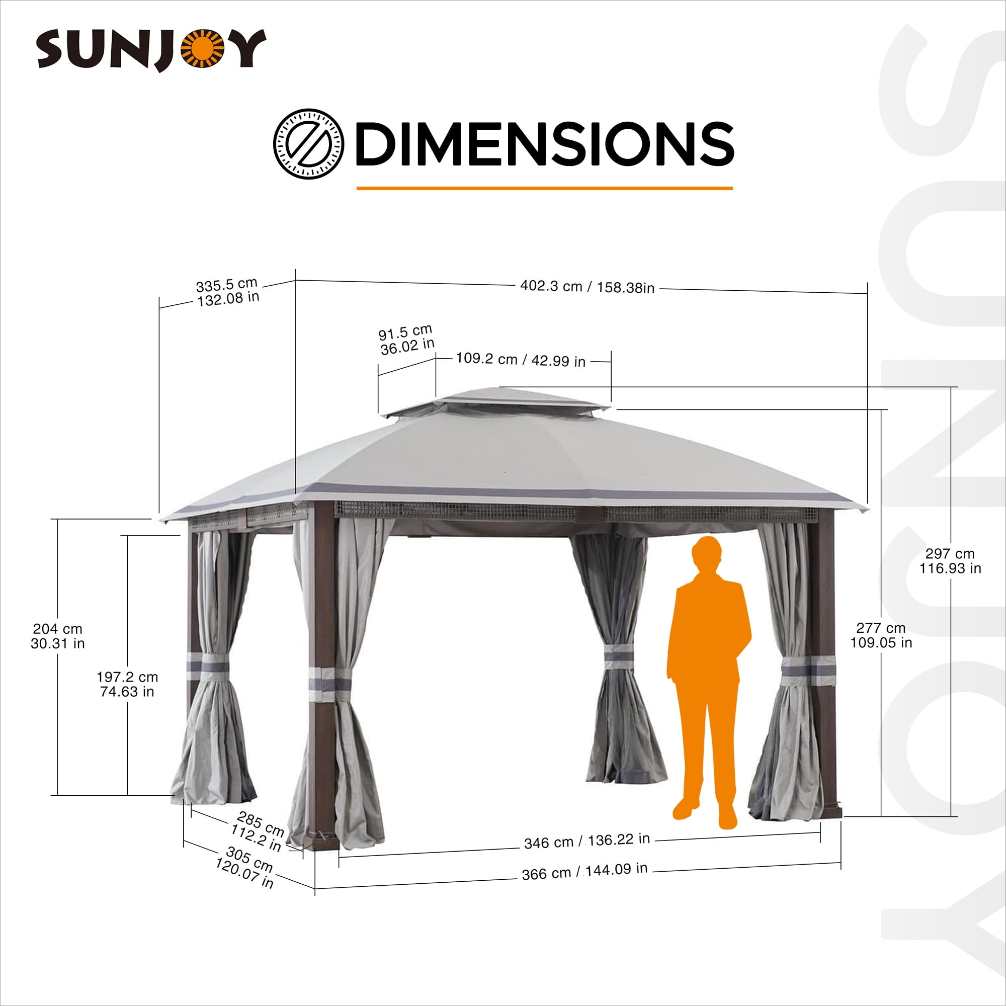 Sunjoy 11 x 13 ft. Gazebo with 2-Tier Gray Canopy Roof, Outdoor Steel Frame Soft Top Gazebo with Netting and Curtains