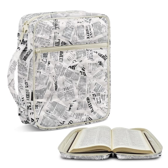 chaqlin Newspaper Print Bible Covers for Women Quilted Bible Book Carrying Case with Padded Handle & Multi Pockets to Organize Scripture Books, Pens & Daily Essentials for Church