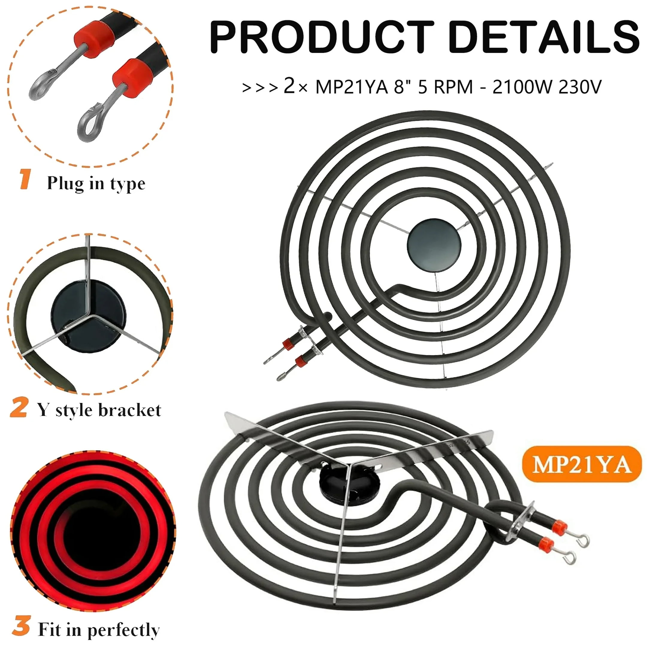 MP21YA Electric Range Burner Element Set 8" Compatible with Whirlpool Maytag Ranges/Stoves - 2 Pack