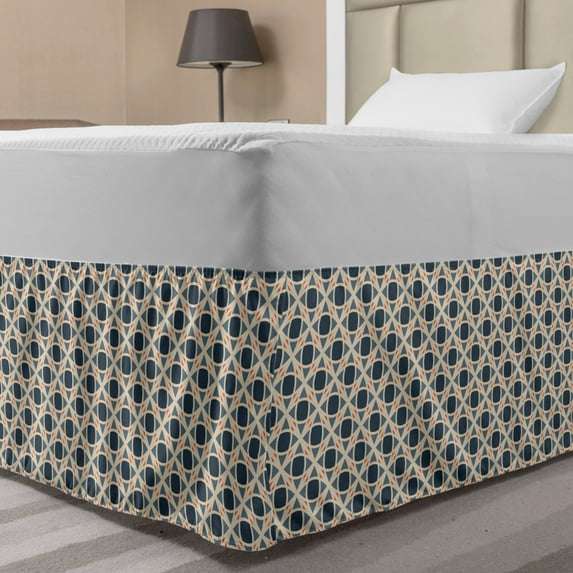 Abstract Bed Skirt, Drawing of Continuing Funky Shapes, Elastic Bedskirt Dust Ruffle Wrap Around for Bedding Decor, 4 Sizes, Slate Blue Champagne, by Ambesonne