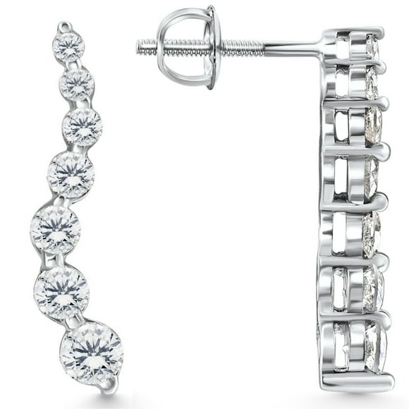1 Ct Diamond Journey Earrings 14K White Gold Women's Screw Back Studs 1" Tall