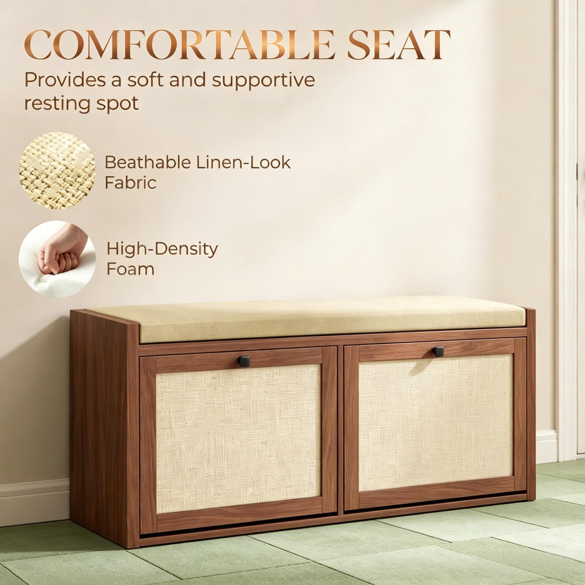 Shoe Storage Bench with Padded Seat, Shoe Storage Bench 2 Rattan Doors for Entryway