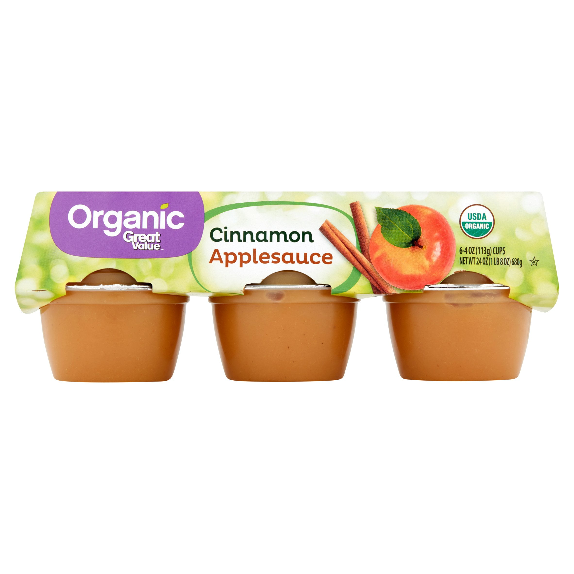 Great Value Organic Cinnamon Applesauce Cups, 4 oz, 6 Ct
