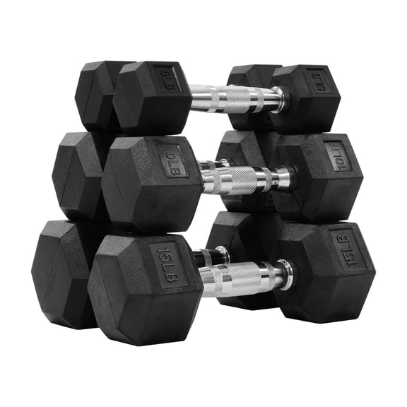 Sprint Demon 60 LB Rubber Hex Dumbbell Set with Ergonomic Handles, Pair of 5LB, 10LB & 15LB Free Weights for Home Gym Strength Training