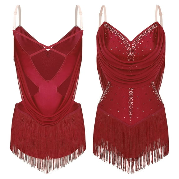 Mufeng Women's Sequin Fringe Latin Dance Leotard Halter V-Neck Tassel Bodysuit Rave Festival Outfits Burgundy S