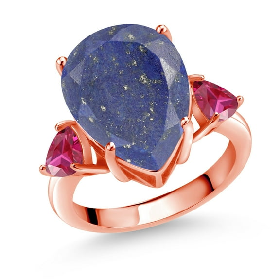 Gem Stone King 7.86 Cttw Pear Shape Blue Lapis Red Created Ruby 18K Rose Gold Plated Silver 3-Stone Ring for Women | Three Stone Wedding Engagement Anniversary Promise Ring for Women | Size 8