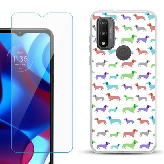 Slim-Fit Gel TPU Phone Case for Motorola Moto G Pure, with Tempered Glass Screen Protector, by OneToughShield ® - Colorful Dachshund/Puppy