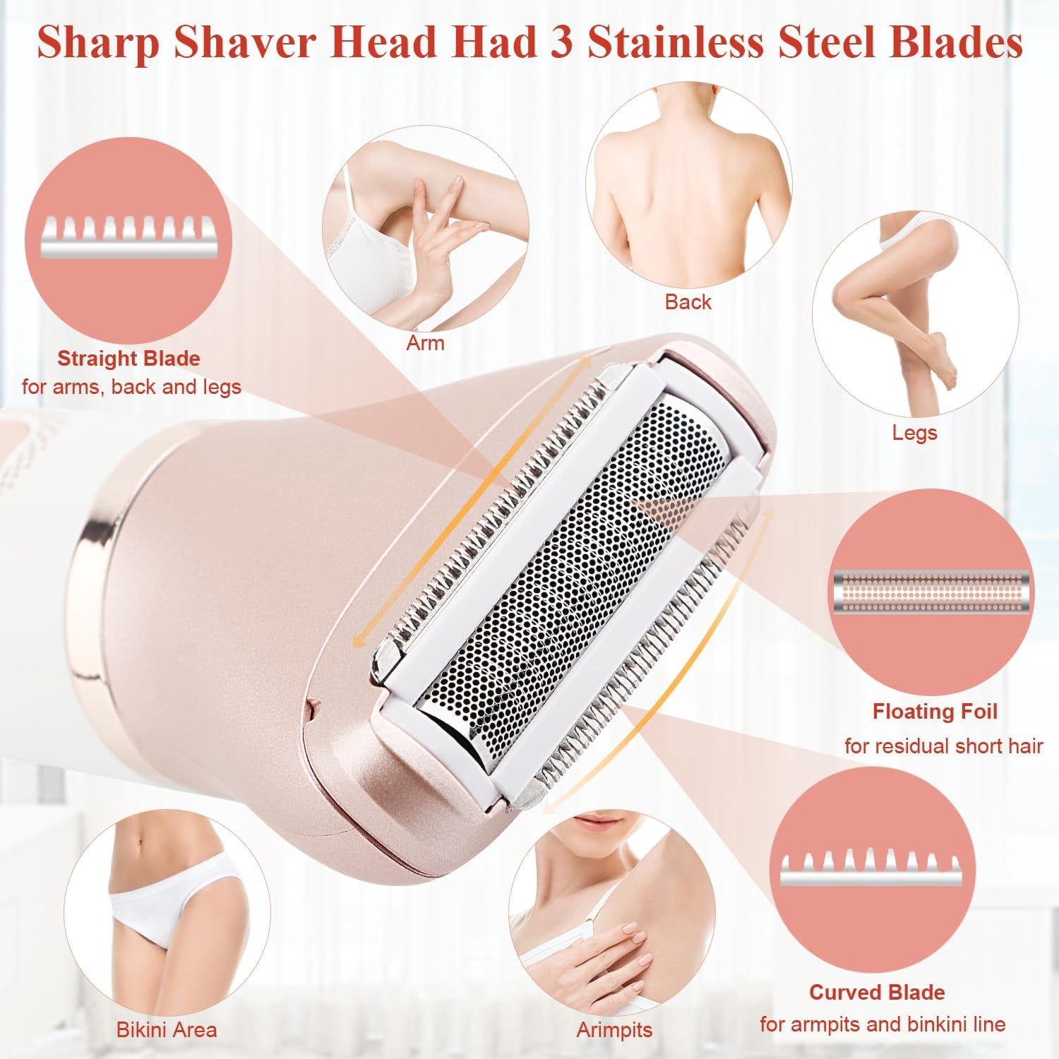 Wiher Electric Razor for Women, 2-in-1 Women Shaver Wet & Dry Painless Hair Removal Razor, Waterproof Body Hair Remover for Face Legs Underarms, Cordless Bikini Trimmer for Women (Rose Gold)