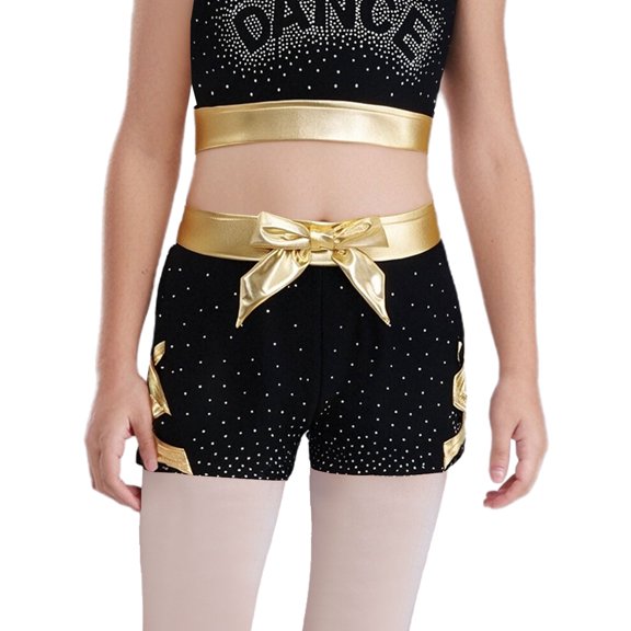 Haitryli Kids Girls Dance Shorts Metallic Bow Rhinestone Shorts For Gymnastics Ballet Dance Stage Performance Outfits Gold 14