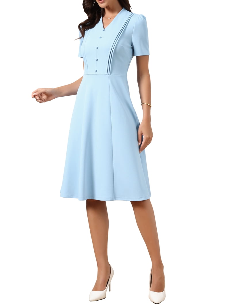 Inspire Chic Work Dresses for Women Midi Length Button Decro Short Sleeve V Neck A-Line Business Casual Dresses XS Sky Blue, Women's