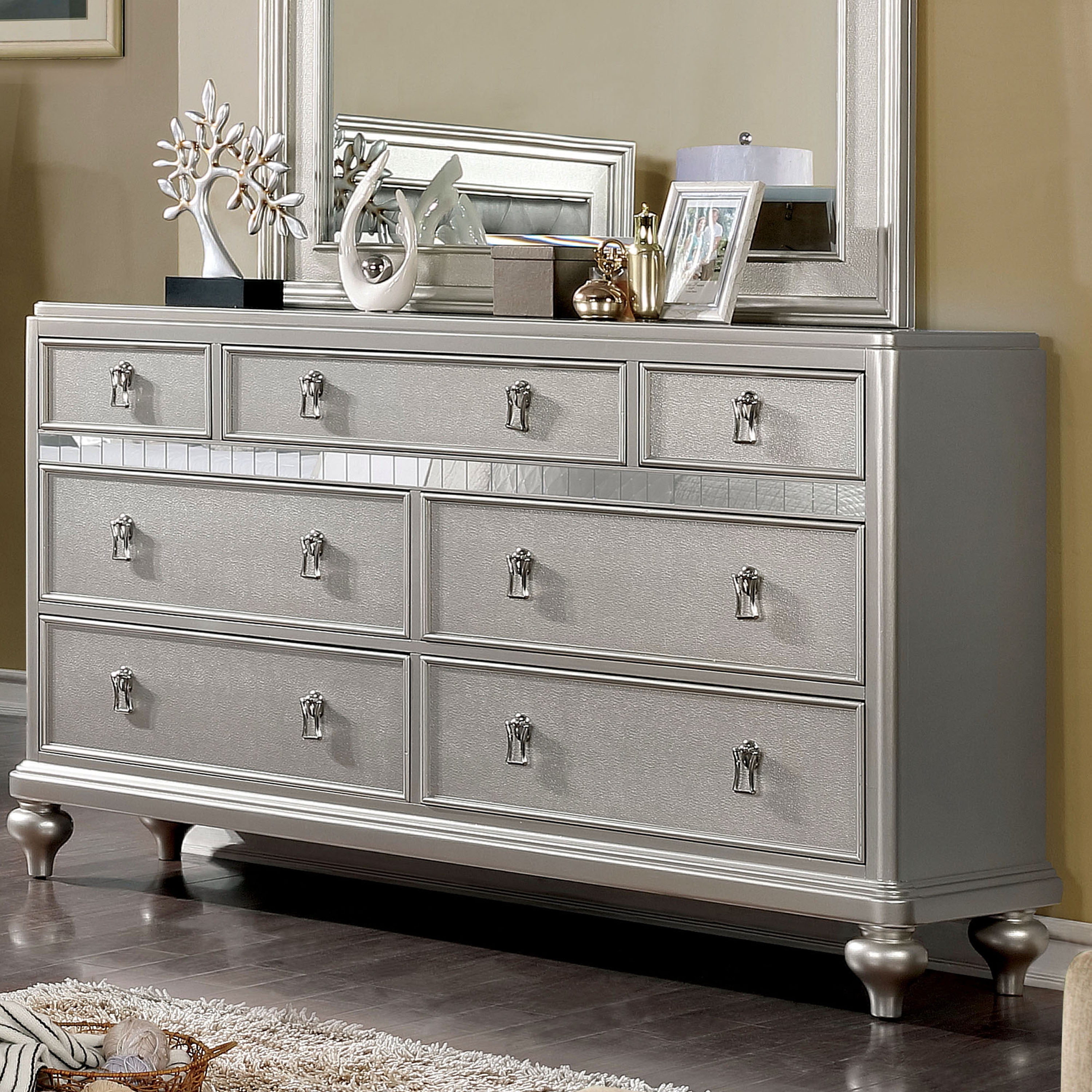 Furniture of America Starnom Transitional 7Drawer Dresser, Silver